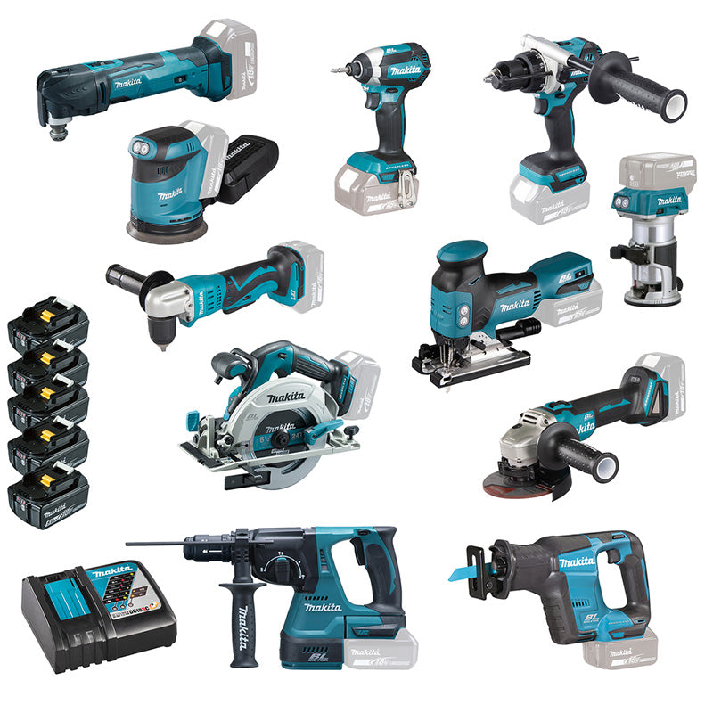 Pack Makita LXT 18V · 11 Outils + 5 Batteries 5 Ah + 2 Chargeurs (DLX1122JX1)
